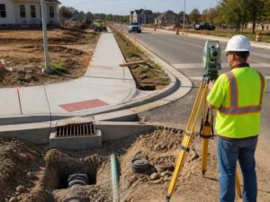 Construction survey verifying private improvements connecting to public infrastructure in Frisco Texas