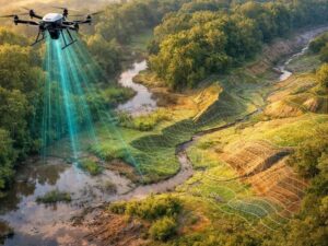 A LiDAR-equipped drone maps a wooded, flood-prone creek corridor, capturing accurate ground elevation beneath dense tree canopy for hard-to-reach land