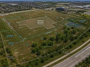 An aerial view of a commercial development site with a topographic survey overlay showing contour lines, spot elevations, utility locations, and a proposed building layout before site design