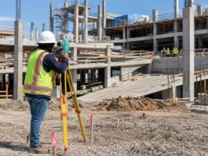 Construction staking surveyor checking layout points inside a structured parking project in Frisco Texas