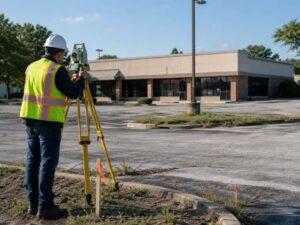 Property surveyor measuring a commercial lot for redevelopment in Frisco, Texas.