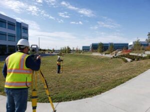 Topographic Survey crew collecting elevation data for a corporate campus expansion in Frisco TX